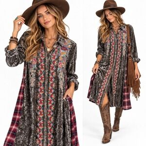 April Sky Womens M Embroidered Velvet Plaid Duster Dress Boho Western Rayon